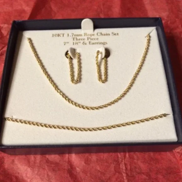 COPY - Beautiful 10KT, 1.7mm Gold Rope Chain Set (Chain, Earrings & Bracelet) - Picture 1 of 16